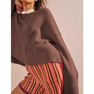 RIATOUR Sweaters for Women Bell Long Sleeve Crewneck Side Slit Fall Winter Casual Oversized Pullover Knit Sweater Top (Brown-S)