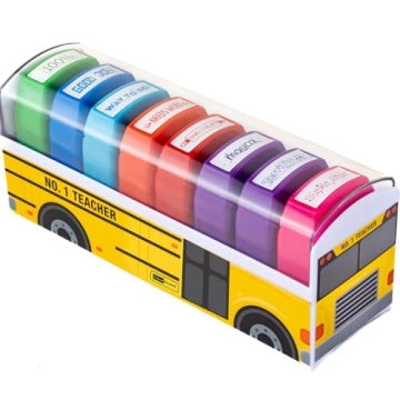 Self Inking Teacher Stamps Set - 8 Colorful Motivational Designs for Classroom