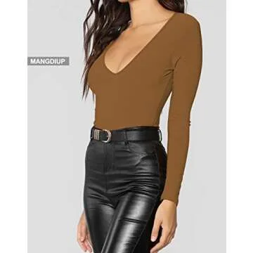 MANGDIUP Women's V-Neck Long Sleeve Bodysuit for Women - Sexy & Comfortable Stretchy Tops(Camel-S)