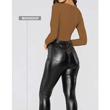 MANGDIUP Women's V-Neck Long Sleeve Bodysuit for Women - Sexy & Comfortable Stretchy Tops(Camel-S)