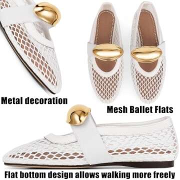 AMINUGAL White Mesh Ballet Flats Shoes for Women Fashion Round Toe Fishnet Black Flats for Women Buckle Strap Mary Jane Shoes Women Comfy Casual Office Daily Dress Ballerina Shoes Size 9