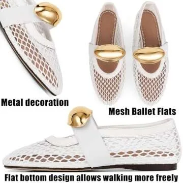AMINUGAL White Mesh Ballet Flats Shoes for Women Fashion Round Toe Fishnet Black Flats for Women Buckle Strap Mary Jane Shoes Women Comfy Casual Office Daily Dress Ballerina Shoes Size 9