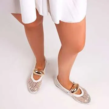 AMINUGAL White Mesh Ballet Flats Shoes for Women Fashion Round Toe Fishnet Black Flats for Women Buckle Strap Mary Jane Shoes Women Comfy Casual Office Daily Dress Ballerina Shoes Size 9