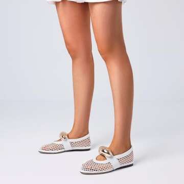 AMINUGAL White Mesh Ballet Flats Shoes for Women Fashion Round Toe Fishnet Black Flats for Women Buckle Strap Mary Jane Shoes Women Comfy Casual Office Daily Dress Ballerina Shoes Size 9