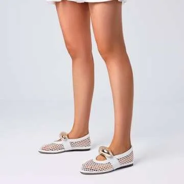 AMINUGAL White Mesh Ballet Flats Shoes for Women Fashion Round Toe Fishnet Black Flats for Women Buckle Strap Mary Jane Shoes Women Comfy Casual Office Daily Dress Ballerina Shoes Size 9