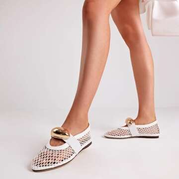 AMINUGAL White Mesh Ballet Flats Shoes for Women Fashion Round Toe Fishnet Black Flats for Women Buckle Strap Mary Jane Shoes Women Comfy Casual Office Daily Dress Ballerina Shoes Size 9