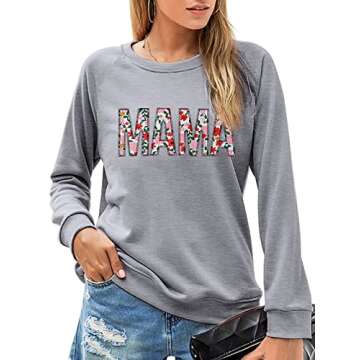 MNLYBABY Women Crewneck Sweatshirt Mama Letter Print Blouse Shirt Long Sleeve Loose Causal Mom Life Pullover Top