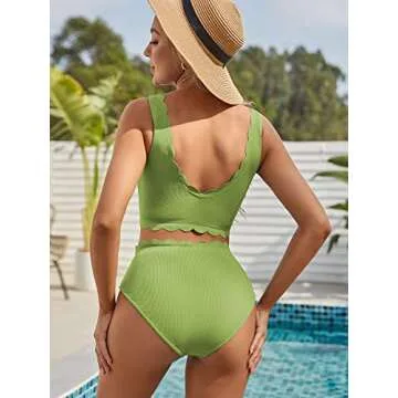ZAFUL High Waisted Bikini Sets for Women V Neck Bikinis Scalloped Ribbed Tankini Swimwear M