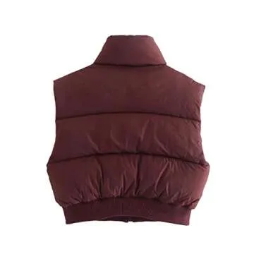 UANEO Cropped Puffer Vest Women Zip Up Stand Collar Sleeveless Padded Crop Puffy Vests (Burgundy-S)