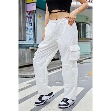 QYANGG Baggy Parachute Pants for Women& Girls Drawstring Elastic Low Waist Ruched Cargo Pants Multiple Pockets Jogger Y2K White