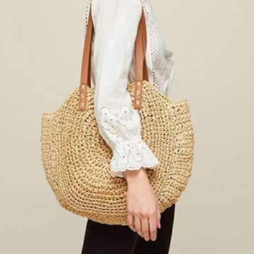 Beach Bags for Women Straw Bag Vacation Summer Large Foldable Straw Beach Bag Tote Woven Shoulder Pu...