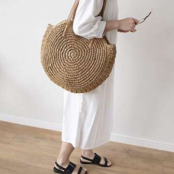Beach Bags for Women Straw Bag Vacation Summer Large Foldable Straw Beach Bag Tote Woven Shoulder Purse Handbag Beach Gifts (Khaki)
