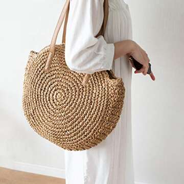 Beach Bags for Women Straw Bag Vacation Summer Large Foldable Straw Beach Bag Tote Woven Shoulder Purse Handbag Beach Gifts (Khaki)