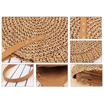 Beach Bags for Women Straw Bag Vacation Summer Large Foldable Straw Beach Bag Tote Woven Shoulder Purse Handbag Beach Gifts (Khaki)