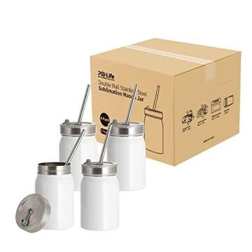 PYD Life Blanks Mason Jar 17 OZ Wide Mouth White Stainless Steel Tumbler with Lid and Metal Straw for Cricut Mug Press Machine Sublimation Print 4 Pack