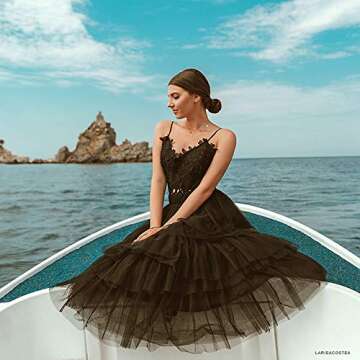 CHICWISH Women's Black Tiered Layered Mesh Ballet Prom Party Tulle Tutu A-line Midi Skirt, Medium/La...