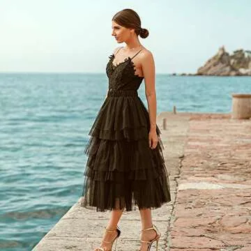 CHICWISH Black Tiered Tulle Midi Skirt for Parties