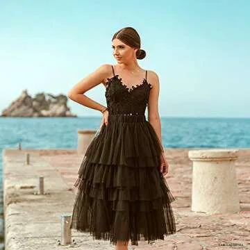 CHICWISH Black Tiered Tulle Midi Skirt for Parties