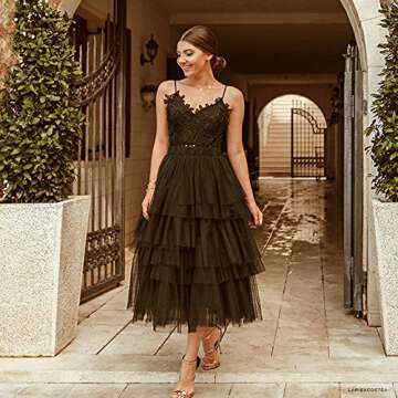 CHICWISH Black Tiered Tulle Midi Skirt for Parties