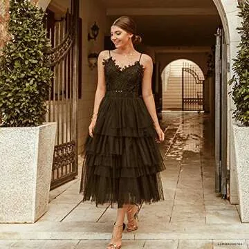 CHICWISH Black Tiered Tulle Midi Skirt for Parties