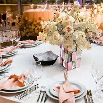 Elavain Acrylic Flower Vase, Clear & Blush Pink Mirror Checkered Design Large Vase, Great Vases for Room Décor, Home Décor, Wedding, Table Centerpieces & Home Decorations for Living Room | 9.4’’ Tall