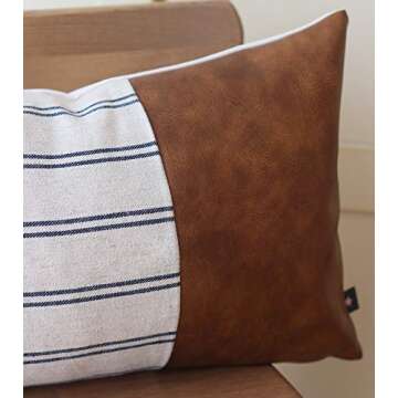 Kdays Linen Farmhouse Blue Ivory Striped Throw Pillow Cover Decorative Faux Leather Ticking Stripe Cushion Pillowcase Color Blocked Sofa Couch Bohemian Country Rustic Lumbar Pillow 12x20 Inches