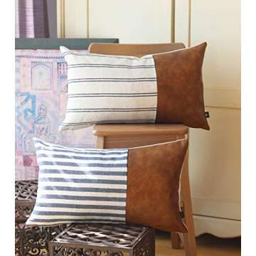 Kdays Linen Farmhouse Blue Ivory Striped Throw Pillow Cover Decorative Faux Leather Ticking Stripe Cushion Pillowcase Color Blocked Sofa Couch Bohemian Country Rustic Lumbar Pillow 12x20 Inches