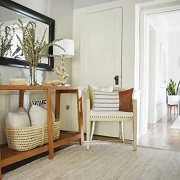 Kdays Linen Farmhouse Blue Ivory Striped Throw Pillow Cover Decorative Faux Leather Ticking Stripe Cushion Pillowcase Color Blocked Sofa Couch Bohemian Country Rustic Lumbar Pillow 12x20 Inches