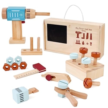 PairPear Kids Tool Set,Wooden Toy Tool Box with Toy Drill,Wooden Tool Kit Toddler Construction Toys ...