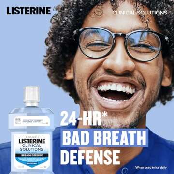 Listerine Clinical Solutions Breath Defense Alcohol Free Mouthwash, Oral Rinse with a Triple-Action Formula Fights Bad Breath for 24 Hours, Smooth Mint Flavor, 1 L