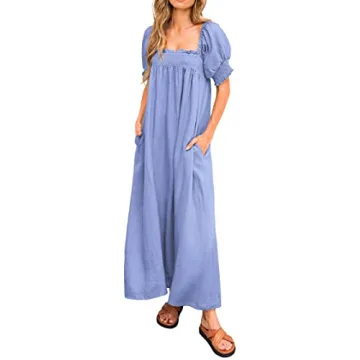 KIRUNDO Women 2025 Summer Maxi Dress Casual Loose Puff Sleeve Square Neck Maternity Flowy Long Beach...