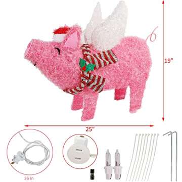 Prsildan Christmas Lighted Decoration 25" x 19" Pink Pig, 50 Lights 3D Flying Pig with Christmas Hat...
