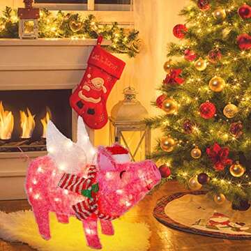 Prsildan Christmas Lighted Decoration 25" x 19" Pink Pig, 50 Lights 3D Flying Pig with Christmas Hat and Scarf, Cute Decorations for Indoor Outdoor Home Kitchen Yard Garden Holiday Party