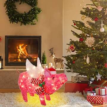 Prsildan Christmas Lighted Decoration 25" x 19" Pink Pig, 50 Lights 3D Flying Pig with Christmas Hat and Scarf, Cute Decorations for Indoor Outdoor Home Kitchen Yard Garden Holiday Party