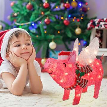 Prsildan Christmas Lighted Decoration 25" x 19" Pink Pig, 50 Lights 3D Flying Pig with Christmas Hat and Scarf, Cute Decorations for Indoor Outdoor Home Kitchen Yard Garden Holiday Party