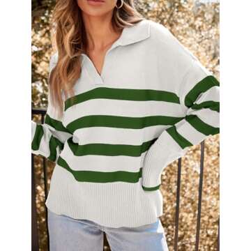 LILLUSORY Womens Striped Oversized V Neck Trendy Long Sleeve Tops Fall Fashion Clothes Outfits 2025 White Green Large
