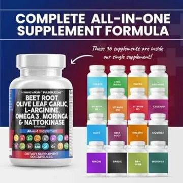 Clean Nutraceuticals Beet Root Capsules Olive Leaf Nattokinase Garlic Extract L-Arginine Omega 3 Red Yeast Rice Hibiscus Danshen - Healthy Support Supplement - 90 Ct