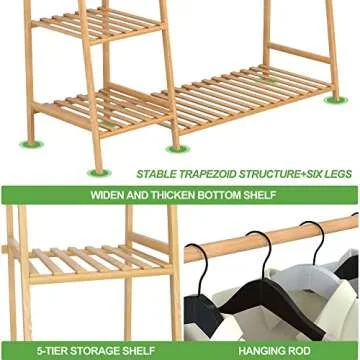 RELIANCER Bamboo Clothing Garment Rack,Free Standing Clothes Coat Hanger,Closet Organizer w/Shoe Rack,Multi-tiered Wardrobe Storage Shelves,Clothes Hanging Rack for Hall,Living Room,Bedroom,Entryway
