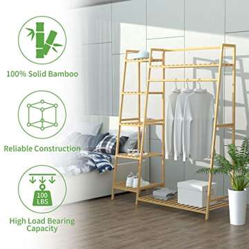 RELIANCER Bamboo Clothing Garment Rack,Free Standing Clothes Coat Hanger,Closet Organizer w/Shoe Rack,Multi-tiered Wardrobe Storage Shelves,Clothes Hanging Rack for Hall,Living Room,Bedroom,Entryway