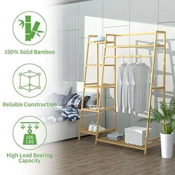 RELIANCER Bamboo Clothing Garment Rack,Free Standing Clothes Coat Hanger,Closet Organizer w/Shoe Rack,Multi-tiered Wardrobe Storage Shelves,Clothes Hanging Rack for Hall,Living Room,Bedroom,Entryway