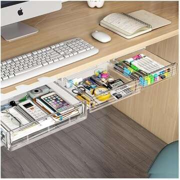 3 Pack Under Desk Drawer Organizer, Slide Out Desk Drawer, Clear Plastic Drawer Under Desk for Offic...
