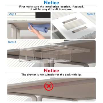 3 Pack Under Desk Drawer Organizer, Slide Out Desk Drawer, Clear Plastic Drawer Under Desk for Office, School, Home, Hidden Desktop Organizer Pen Holder for Desk Self-Adhesive (Clear, 3 Size)