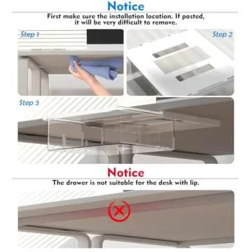 3 Pack Under Desk Drawer Organizer, Slide Out Desk Drawer, Clear Plastic Drawer Under Desk for Office, School, Home, Hidden Desktop Organizer Pen Holder for Desk Self-Adhesive (Clear, 3 Size)