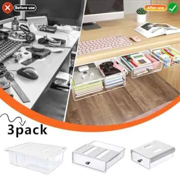 3 Pack Under Desk Drawer Organizer, Slide Out Desk Drawer, Clear Plastic Drawer Under Desk for Office, School, Home, Hidden Desktop Organizer Pen Holder for Desk Self-Adhesive (Clear, 3 Size)