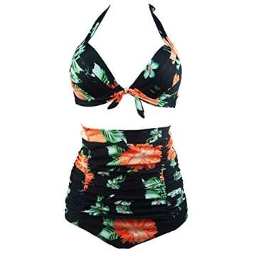 COCOSHIP Retro 50s Black Pink Floral Halter High Waist Bikini Carnival Swimwear XL(US10)