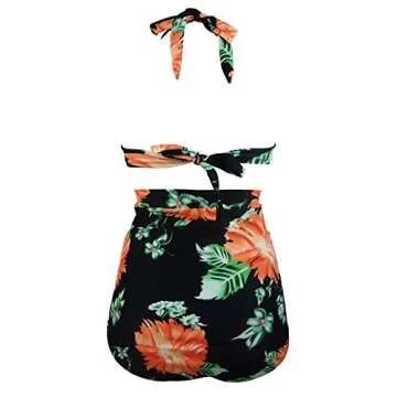 COCOSHIP Retro 50s Black Pink Floral Halter High Waist Bikini Carnival Swimwear XL(US10)