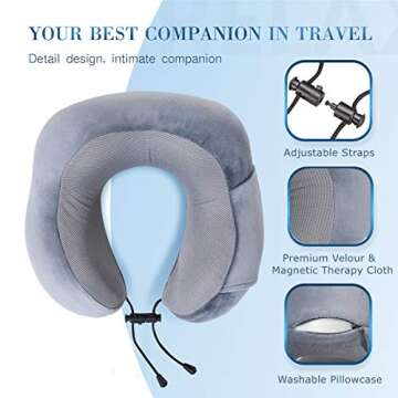 ENOTHEN Travel Pillow 100% Pure Memory Foam Neck Pillow with Machine Washable Cover, Airplane Travel Kit with 3D Contoured Eye Masks, Earplugs & Reusable Bag (Grey)