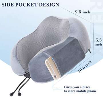 ENOTHEN Travel Pillow 100% Pure Memory Foam Neck Pillow with Machine Washable Cover, Airplane Travel Kit with 3D Contoured Eye Masks, Earplugs & Reusable Bag (Grey)
