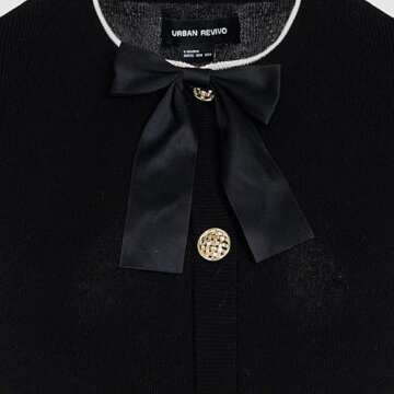 URBAN REVIVO Women's Sweater Dress Long Sleeve Knitted Dresses Button Down Mini Bow Tie Casual Dress Fall Winter Spring Black, X-Small