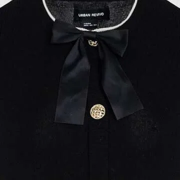 URBAN REVIVO Women's Sweater Dress Long Sleeve Knitted Dresses Button Down Mini Bow Tie Casual Dress Fall Winter Spring Black, X-Small